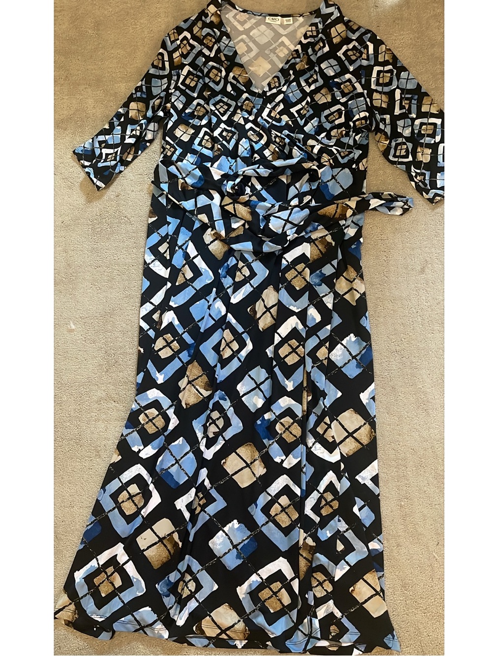 Cato 22/24wp plus size Geometric Print Wrap Dress belted in Blue and Black